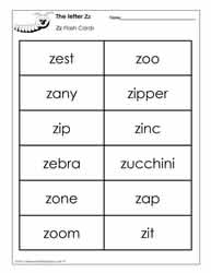 Word Wall Words for the Letter Z